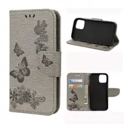 For iPhone 12 Pro Max Case, Vintage Floral Butterfly Folio PU Leather Case,Card Slot, Wallet, Lanyard, Grey