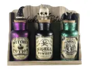 Halloween Wicked Potions Shelf 3 Bottle Skull Powder Witches Potion Wizard Oil