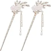 2 Pcs Rhinestone Pearl Flower Hair Stick Chinese Chopsticks Vintage Tassel Pin Chignon Styling Making Accessories for Women (White)