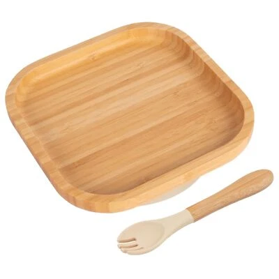 2pc Tiny Dining Beige Bamboo Square Baby Weaning Plate & Fork Set with Suction