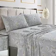 [Tribeca Living] Queen Bed Sheet Set, 300 Thread Count Soft Cotton Sateen, Floral Print with Extra Deep Pockets, 4-Piece Bedding Set, Colmar Silver Grey/Multicolor