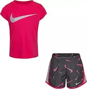[Nike] Little Girls' Dri-Fit Swoosh All Over Print T-Shirt and Shorts 2 Piece Set (Grey(26H664-M19)/Pink, 3T, 3_Years)