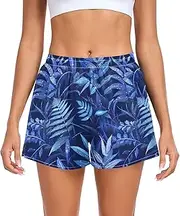 [FRODOTGV] Dark Blue Leafs Womens Athletic Shorts with Pockets Lounge Shorts for Travel Volleyball Running Cycling S