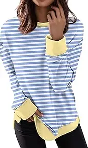 [Generic] Womens Thermal Top Plus Size Tops Casual Blouses for Women Crewneck Loose T Shirts Trendy Tunics Long for Women Striped Printed Pullover