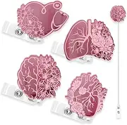 Xylolfsty 4PCS Retractable Badge Holders with Alligator Clip - Organ Heart Brain Patterns with Flowers - Cute for RN Nurse Doctor Student Nursing Graduation Appreciation Gift