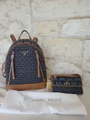 NEW Michael Kors Brooklyn Backpack Medium + Wallet SET Denim Signature Monogram