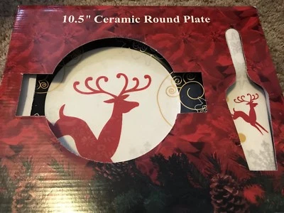 Holiday Themed 10.5” Reindeer Ceramic Round Plate W/ Pie Server NIP