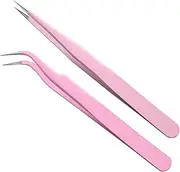 MAXLEAF 2PCS Stainless Tweezers Straight Curved Tweezers for Stickers Eyelash Extensions Precision Electronics Nail Rhinestone Jewelry, Scrapbooking Tools (Pink)