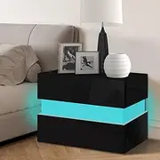 ALFORDSON LED Bedside Table 4-Side High Gloss Storage Nightstand Side Organiser Cabinet with RGB Light, 2-Drawer Black Side End Table in 46cm Height for Living Room Bedroom Hallyway
