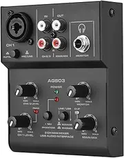 AGS03 3-Channel Mixer Mixing Console USB o Interface Plug-and-Play 18V Phan Power for Home Studio Recording Live Streaming Karaoke Online Singing Black One Size