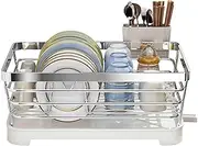 Dish Rack Dish Drying Rack Dish Drainer Over Sink Drainer Stainless Steel Draining Rack with Drip Tray with Cutlery Holder Automatic Drainage Rotating Spout Drainpipe Retractable (Silver,40x31x16cm)