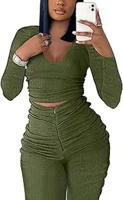 [OLUOLIN] Women Two Piece Outfits Ribbed Knit Top & Pants Sets Long Sleeve Solid Color Tracksuit