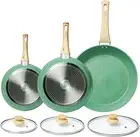 Nonstick Frying Pan Set with Lid, 8" 9.5" and 11" Non Stick Frying Pan Set, Gree