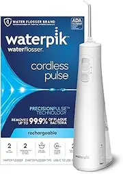 Waterpik Cordless Pulse Rechargeable Portable Water Flosser for Teeth, Gums, Braces Care and Travel with 2 Flossing Tips, Waterproof, ADA Accepted, WF-20 White