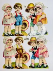 Vintage German Embossed Scrap Die Cut - Four Victorian Children Valentines
