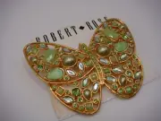 ROBERT ROSE BUTTERFLY GREEN RHINESTONE FAUX PEARL PIN BROOCH GOLD TONE NEW W/TAG