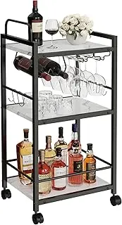 Bar Cart for The Home, 3 Tier Kitchen Carts with Wheels, Small Rolling Cart with Glass Holders, Wine Rack, Mini Bar Cart for Kitchen, Dining room, Living Room, 13.0"D x 17.0"W x 33.8"H, Marble White