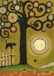 ACEO PRINT OF PAINTING RYTA Black CAT TUXEDO ABSTRACT FOLK ART CROW Halloween