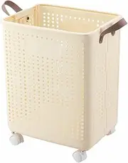 Foldable Laundry Basket With Wheels Plastic Rolling Bathroom Laundry Hamper With Handle Dirty Clothes Bin 53L Capacity Crystal Cream
