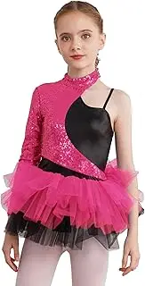 [Kvysinly] Kids Girls Sequins Ballet Leotard Dress Asymmetrical Sleeves Jazz Latin Modern Salsa Rumba Samba Dance Dress