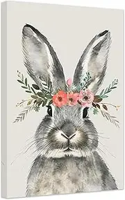 ZXHYWYM Cute Rabbit Wall Art Bunny Pictures Easter Print Wall Decor Animal with Floral Crown Poster Kids Room Nursery Girls Bedroom Decor Framed (A, (24.00" x 36.00"))