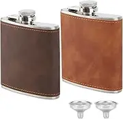 2 Pack 6oz Hip Flask with 2 Funnels, 304 Stainless Steel Whiskey Flask with Leather Wrapped Cover, Leak Proof Hip Flask for Men Women Travel Father's Day Gift (1X Brown, 1X Coffee)