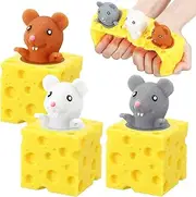3 Pcs Cheese Toy Cheese Stress Ball Fidget Toys Mice in Squishy Cheese Anxiety Toys Mouse Office Toy Sensory Mouse Toys for Birthday Gifts Stress Relief Party Favors, Grey Brown White