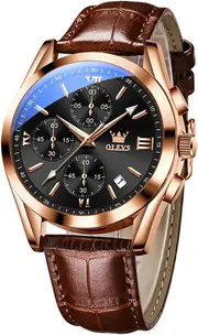 OLEVS Watch for Men Chronograph Brown Leather Strap Classic Fashion Analog Quartz Big Dial Casual Waterproof Luminous Wrist Watches