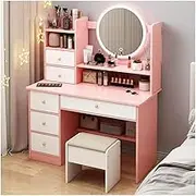 Makeup Vanity Desk Set with Lights Mirror, Vanity Dressing Table 3 Lighting Modes and 6 Drawers Modern Vanity Makeup Table for Bedroom(Pink)