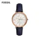 【FOSSIL 官方旗艦館】Jacqueline Multifunction 高雅玫瑰金環鑽指針女錶 藍色真皮錶帶 手錶 38MM ES5096