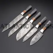 Handmade Damascus Chef knife set of 5 PCS With Grey Dollar Sheet Kitchen knives