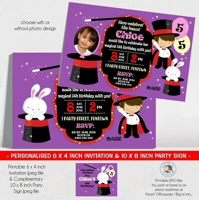 MAGIC MAGICAL MAGICIAN invitation invite birthday party boy girl purple or blue