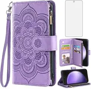 [Asuwish] Phone Case for Samsung Galaxy S23 FE 5G Wallet Cover with Tempered Glass Screen Protector and Flower Leather Flip Credit Card Holder Stand Cell Accessories S 23 EF S23FE 23S Women Men Purple