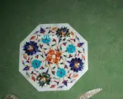 12" white Marble octagonal Coffee Table Top Border Design Inlay lapis Side Table