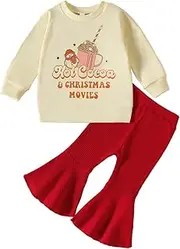 [Generic] Checker Pants Kids Toddler Baby Girls Autumn Winter Christmas Print Cotton Long Sleeve Tops Bell Bottom Set Clothes 4 Month Baby Girl Clothes (C, 12-18 Months)