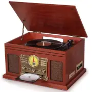 Bluetooth Record Player 10 in 1, 3-Speed Turntable for Vinyl with Mahogany