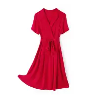 在飛比找蝦皮購物優惠-平鋪圖 重磅氣質收腰顯瘦桑蠶絲長裙法式真絲大擺大紅色洋裝