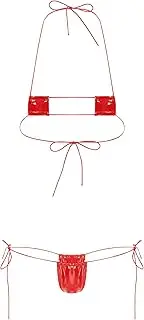 [Miutii] Womens Extreme Micro Bikini Pcs Set Latex Halter Bra with Thong Bathing Suit Swimsuit