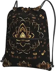 EdWal Gold Lotuses Flowers Print Drawstring Backpack Gym Bags Sports Bags With Zipper Pocket For Travel Beach, Black, One Size