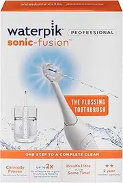 Waterpik Sonic-Fusion Professional, 2-in-1 Flossing Toothbrush - 3 Cleaning Modes, 10 Pressure Settings, High/Low Brush Speeds, 60 Sec Water Capacity, 2 Brush Heads, 2-Year Warranty, White (SF-02A)