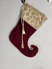 Christmas Stocking Red Maroon Velvet Gold Curled Elf Toe Pearl Beaded Flower New