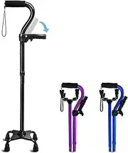 Dsocool Adjustable Walking Cane for Men & Women with 4-Pronged Base for Extra Stability - Foldable Cane for Seniors with Foam Padded Offset Handle for Soft Grip & a Second Handle for Standing Black