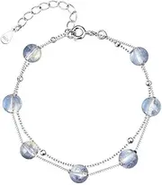 [HEYONA] Women Jewelry 925 Silver Sterling Bracelet Fashion Cuff Bangle Chain Bracelets,Moonstone Round Beads Double Layer Chain Box Chain Bracelet Adjustable Charm Simple Clothing Accessories Bracelet