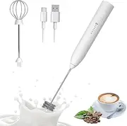 Electric Milk Frother,Rechargeable Coffee Frother Portable 3 Speeds Handheld Drink Mixer with 2 Stainless Whisk for Cappuccino Latte White