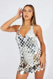 Silver Disc Sequin Bodycon Dress - Size L, Women's Bodycon Dress