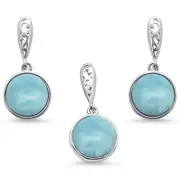Round Natural Larimar .925 Sterling Silver Pendant & Earring Set
