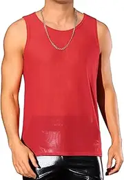 [Lars Amadeus] Mesh Sheer Tank Top for Men's See Through Sleeveless Tee Shirts Crew Neck Party Vest Red Medium