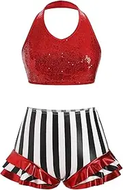 ODASDO Women Trapeze Artist Costume Shiny Sequin Halter Neck Crop Top High Waist Stripes Ruffle Shorts 2pcs Set