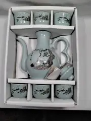 Hae In China Ware Vintage Tea Set 8 Piece Crane Birds New In Box Green