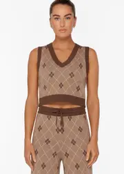 [Lorna Jane] Caddie Cropped Knit Vest in Print, Cotton, Size - Large L Argyle Intasia Print